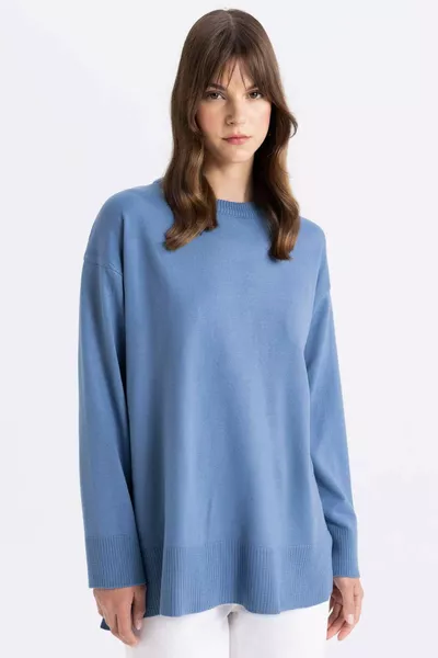 Regular Fit Crew Neck Side Slit Basic Plain Knit Sweater Tunic AU