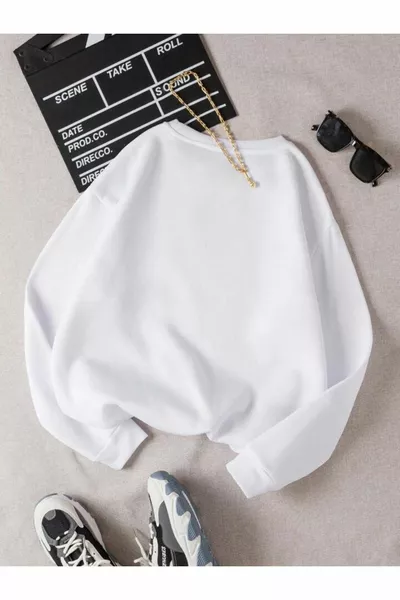 سويت شيرت قلب أحمر بسيط - مطبوع باللون الأبيض، واسع، سميك، للشتاء، بياقة دائرية