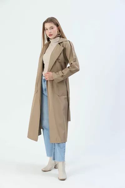 Cepli Kuşaklı Trençkot Vizon