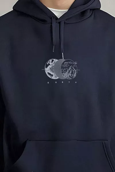 Men's Navy Earth 3-Ply Brushed Hoodie with Kangaroo Pocket Oversized Loose Sweatshirt