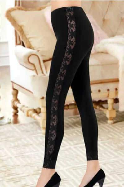 Black Long Women's Cotton Leggings with Lace Trim