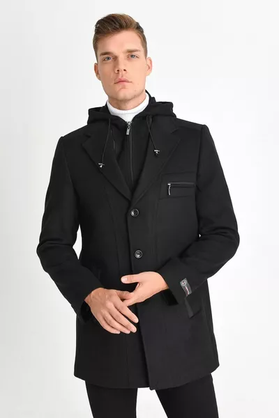 Heren Zwarte Wolmix Cashmere Capuchon Jas met Rits en Knopen Aan de Voorzijde
