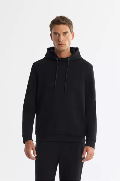 Men's Black Hooded Elastic Soft Texture Interlock Fabric Basic Regular Fit Sweatshirt 