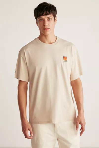 Floraıson Erkek Bisiklet Yaka % Pamuk Oversize Kalıp Bej T-shirt