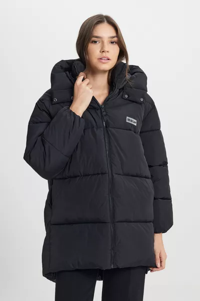 Dames Lange Zwarte Gewatteerde Jas met Capuchon en Ritssluiting, Losse en Comfortabele Pasvorm