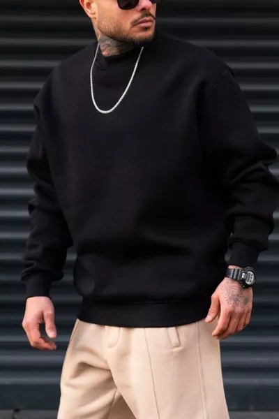 Men's Plain Black Basic Zero Print Crew Neck Oversized Casual Sweatshirt