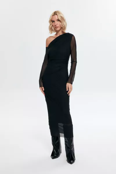 فستان ميدي شبك بياقة غير متماثلة أسود