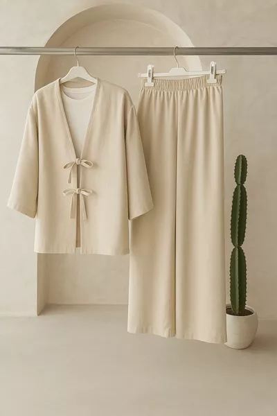 طقم كيمونو نسائي بمظهر الكتان باللون البيج - كريمي • تونيك وبنطلون مربوط طقم من قطعتين • بمقاس كبير