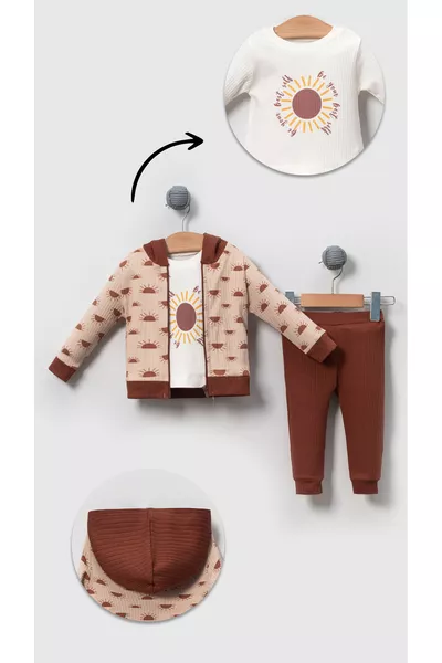 طقم أطفال قطني بثلاث قطع بنقشة الشمس - بني