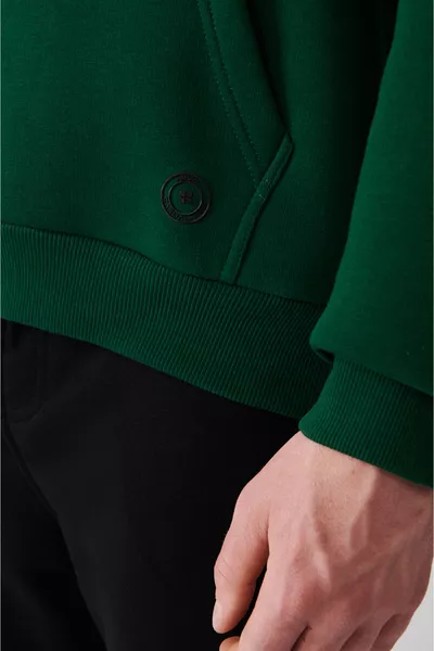 هوديي قطني رجالي أخضر بغطاء رأس، ثلاث خيوط محبب 