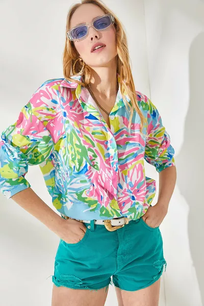 Chemise oversize en crêpe multicolore pour femme, modèle 