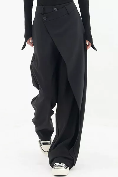 Black Women's Button-Closure Asymmetric Design Palazzo Pants