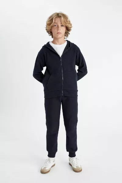 Boys' Basic Plain Navy Blue Hooded Zip-Up School Cardigan au