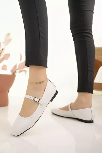 Damen Ballerinas mit weißem Riemen, gürtelähnlich, leicht, bequem, elegant, für Arbeit, Büro und Alltag