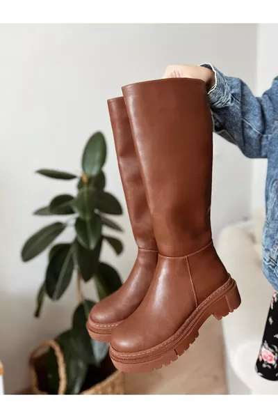 Kadın Daisy Kalın Taban Diz Altı Fermuarlı Rahat Kahverengi Taba Deri Çizme