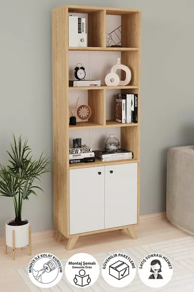 Decorative Bookshelf 2-Door 8-Compartment Bookshelf Smyrna Sapphire Oak White