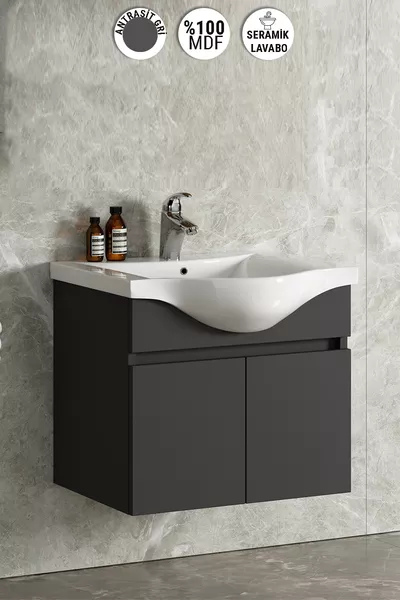 Yıldız  cm Anthracite Gray Matte MDF Wall-Mounted Bathroom Vanity with Ceramic Sink