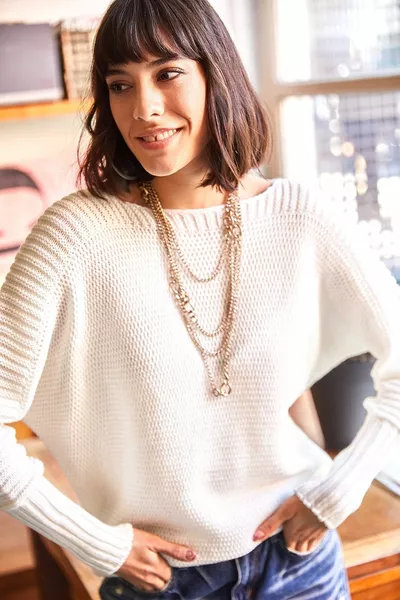 Maglione a nido d'ape dettagliato con maniche ecru da donna 