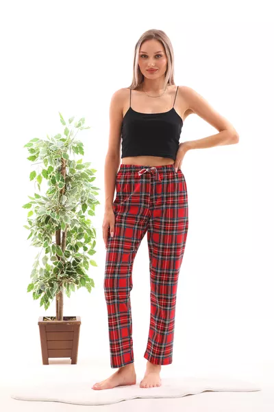 Plaid Print Relaxed Unisex Pajama Bottoms Red-Blue