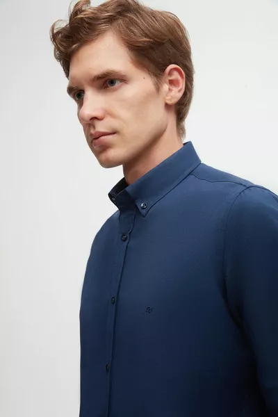 Ds Damat Slim Fit Indigo Oxford Button-Down Collar Easy-Iron Cotton Shirt with Embroidery Detail