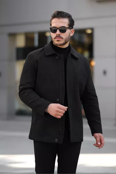 Heren Gewatteerde Comfortabele Pasvorm Winddichte Zwarte Kasjmier Mantel