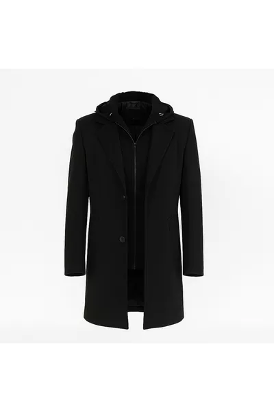 معطف رجالي طويل من الصوف باللون الأسود مع غطاء للرأس وسحاب وزرار في الأمام