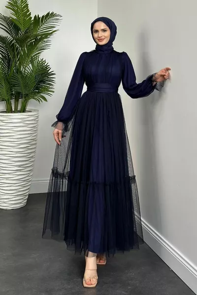 الأكمام كشكش التفاصيل رايات مساء اللباس الأزرق الداكن