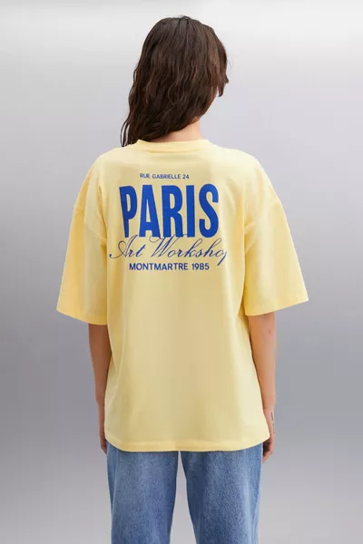 Gıllıan Dames T-shirt Geel van % Biologisch Katoen met Oversized Pasvorm en Voor- en Achterdruk