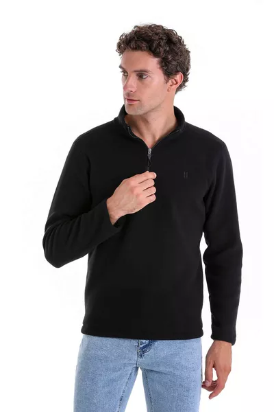 Schwarzes Regular Fit Fleecepullover mit halbem Reißverschluss und Rundhalsausschnitt