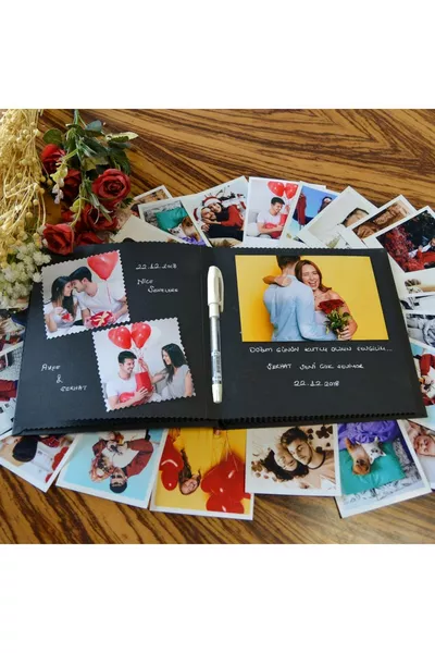 دفتر ذكريات وألبوم صور باللون الأسود مع قلم أبيض قابل للتصميم بنفسك