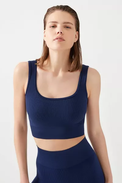 Women's Navy Ribbed Square Neck Crop Top Bustier