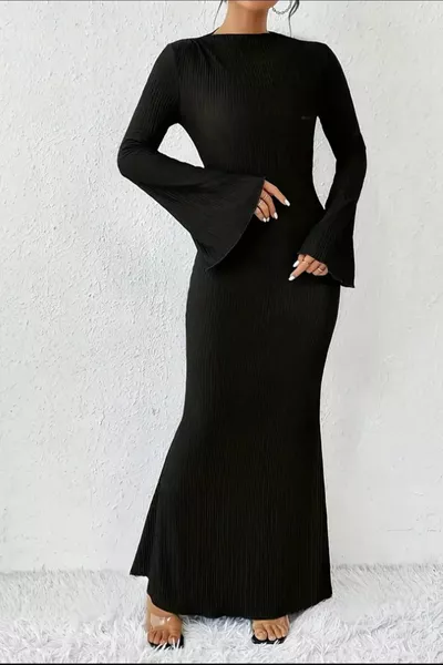 Women's Long Sleeve Ragged Stitch Crew Neck Ribbed Dress