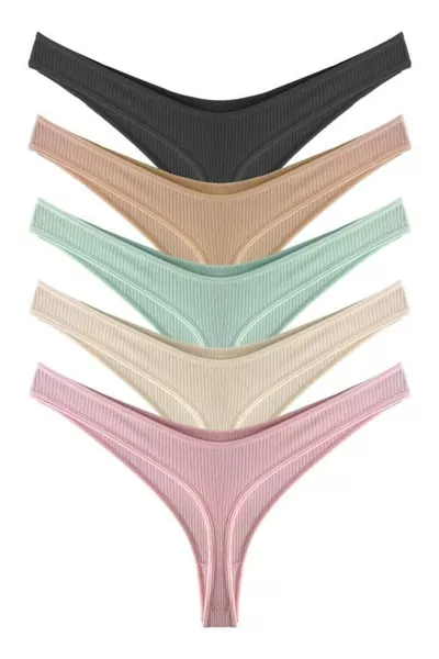Women's Cotton and Lycra Ribbed Kaşkorse Thong Panties 5-Pack