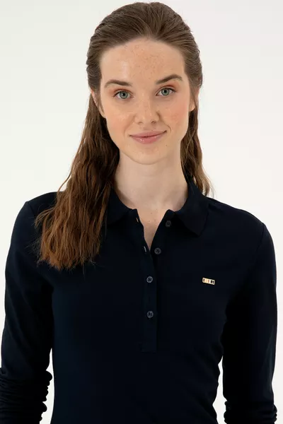 Sweat-shirt femme basique à col polo bleu marine 