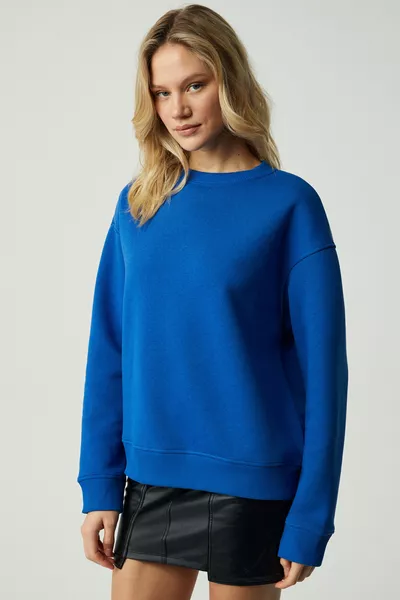 VANELTINA Дамска органична памучна мека блуза с полар отвътре и кръгло деколте в парламентарно синьо