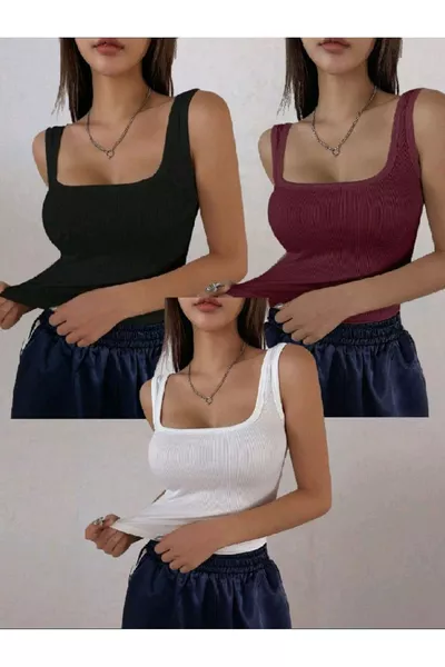 كنزة رياضية نسائية سوداء بثلاث قطع، ياقة مربعة، أكتاف عريضة، قصيرة ومُحكمة، كنزة رياضية محبوكة لعام 