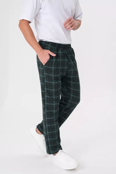 بنطال بيجامة رجالي أنيق ومريح بجيب، من القطن، بنقشة مربعات، بخصر مطاطي، باللون الأخضر الزيتوني 