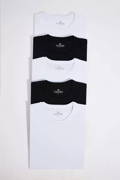 مجموعة خمس قطع للجنسين، ضيق وملائم، باللونين الأسود والأبيض، قطن %، تي شيرت بياقة دائرية