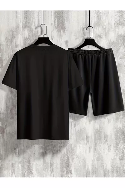 Men's Black Oversized White Los Angeles Printed Crew Neck Short Sleeve T-shirt and Shorts Set