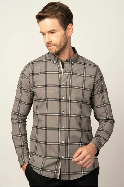 سليم صالح كم طويل الياقة ياقة متقلب القطن من السهل الكي قميص الرجال