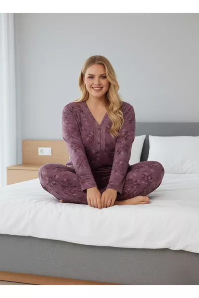 طقم بيجامة نسائي بأكمام طويلة من القماش الكبير الحجم مزين بأزرار وطبعات مصنوع من الخيزران