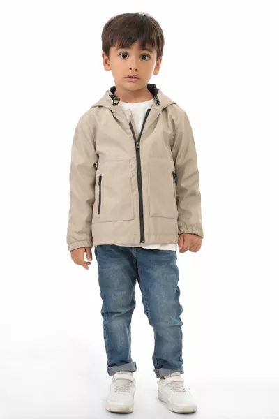 Impermeabile da pioggia con cappuccio, doppia cerniera, antivento e con fodera in tessuto a pietra per bambini maschi