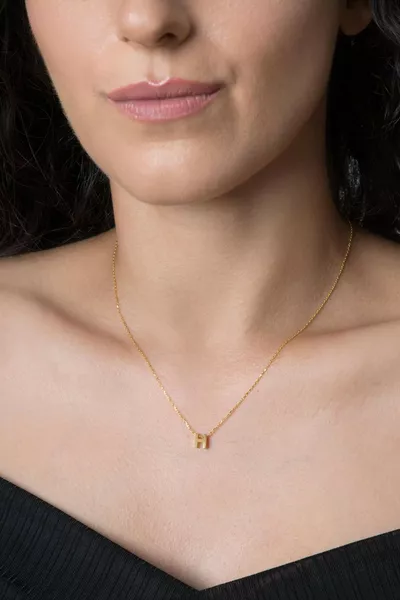Women's Three-Dimensional H Letter Gold-Plated Sterling Silver Necklace