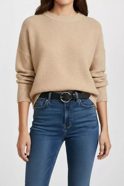 Cintura nera da donna con fibbia a cerchio in argento