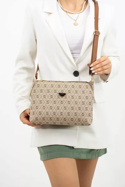SAC DE QUALITÉ À BANDOUILIÈRE CROISÉE AVEC TROIS COMPARTIMENTS, À MOTIF CREVETTE, BEIGE ET MARRON
