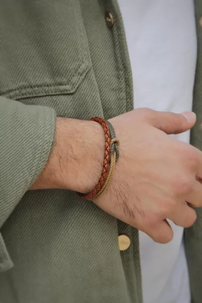 Genuine Leather Bracelet Woven (Olive & Tan Rope) - Unisex