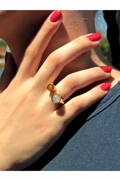 Natural Stone Citrine Pink Quartz Adjustable Women's Ring with Natural Stone – Stone of Love and Money