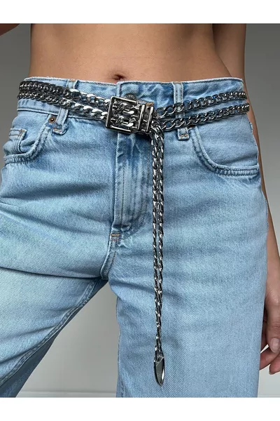 حزام نسائي فضي بسلسلتين