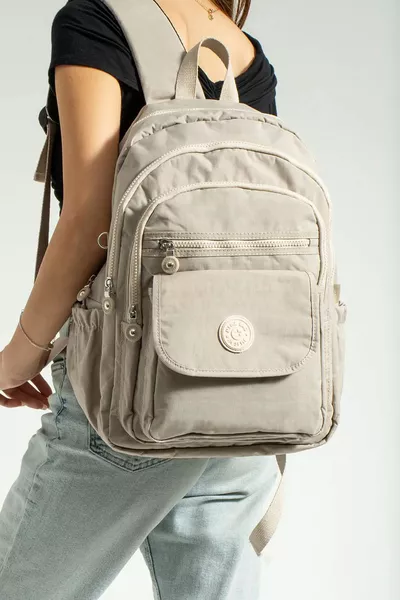 Zaino scolastico unisex beige, grande, con più scomparti, impermeabile