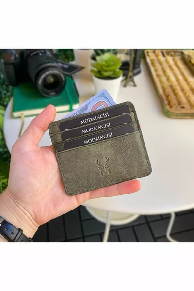 Мъжки зелен портфейл с мини размер от естествена кожа с подаръчна кутия за карти и визитки - Ariza